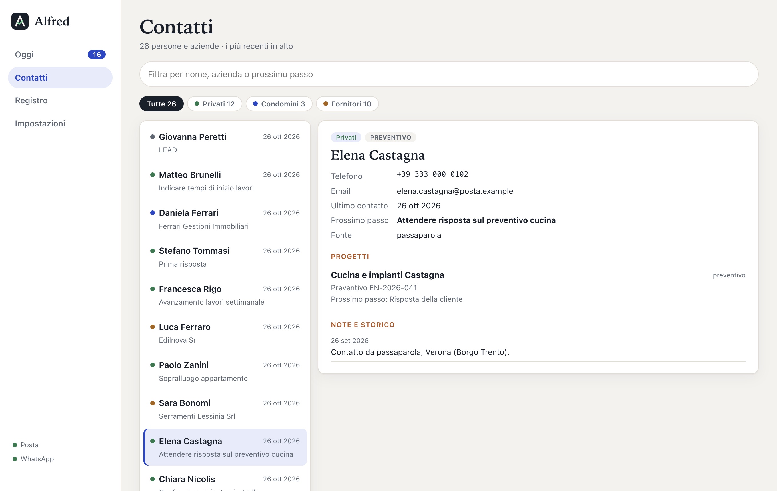 A client record in Alfred with project, quote and history (sample data)